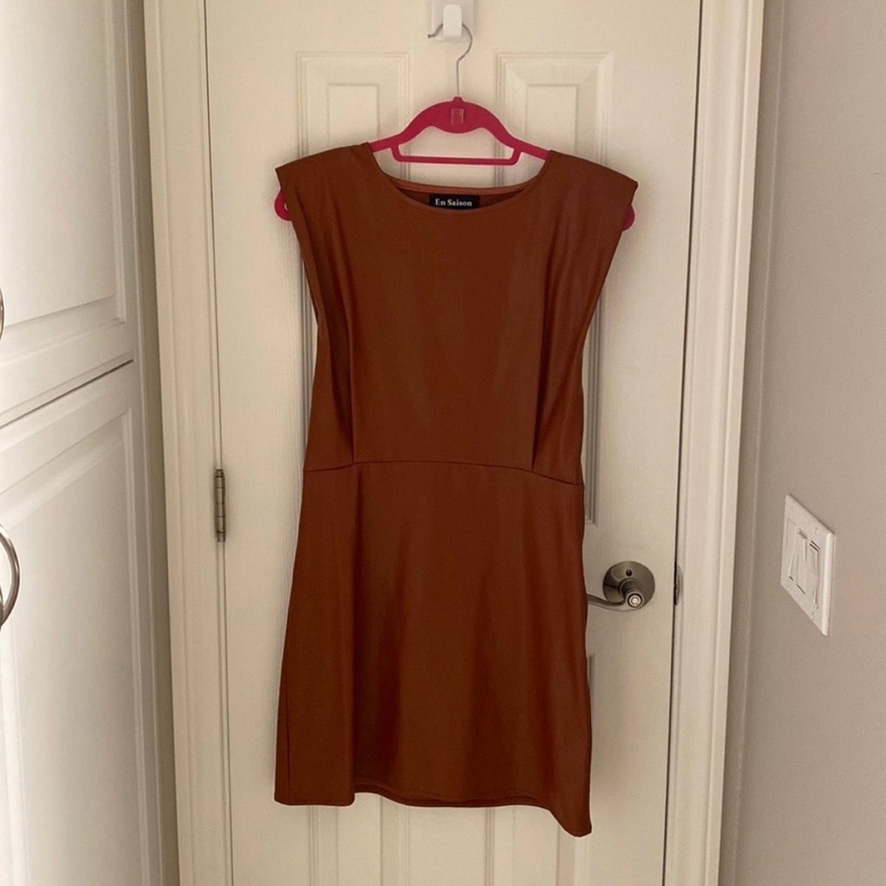 En Saison Leather Cap-Sleeve Dress